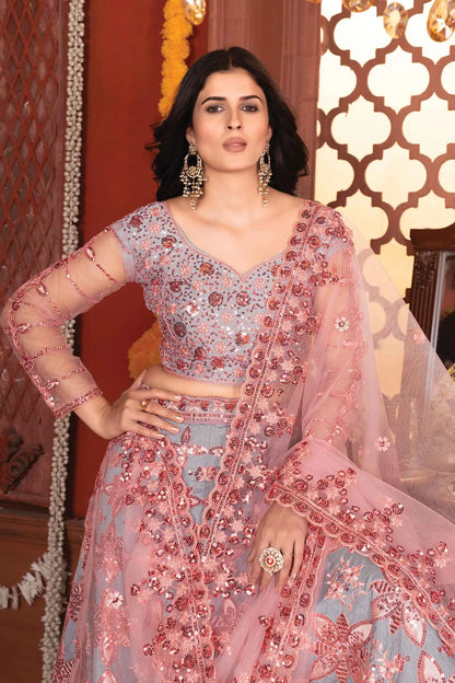 Grey And Peach Mulberry Silk Lehenga With Thread Sequins Embroidery Work