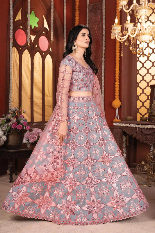 Grey And Peach Mulberry Silk Lehenga With Thread Sequins Embroidery Work