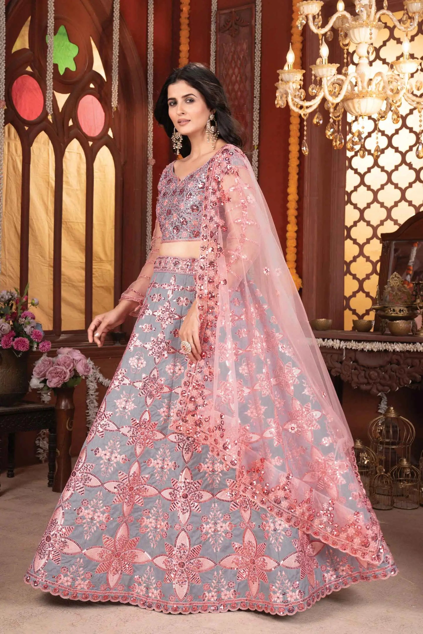 Grey And Peach Mulberry Silk Lehenga With Thread Sequins Embroidery Work