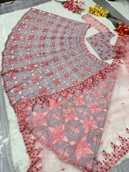 Grey And Peach Mulberry Silk Lehenga With Thread Sequins Embroidery Work
