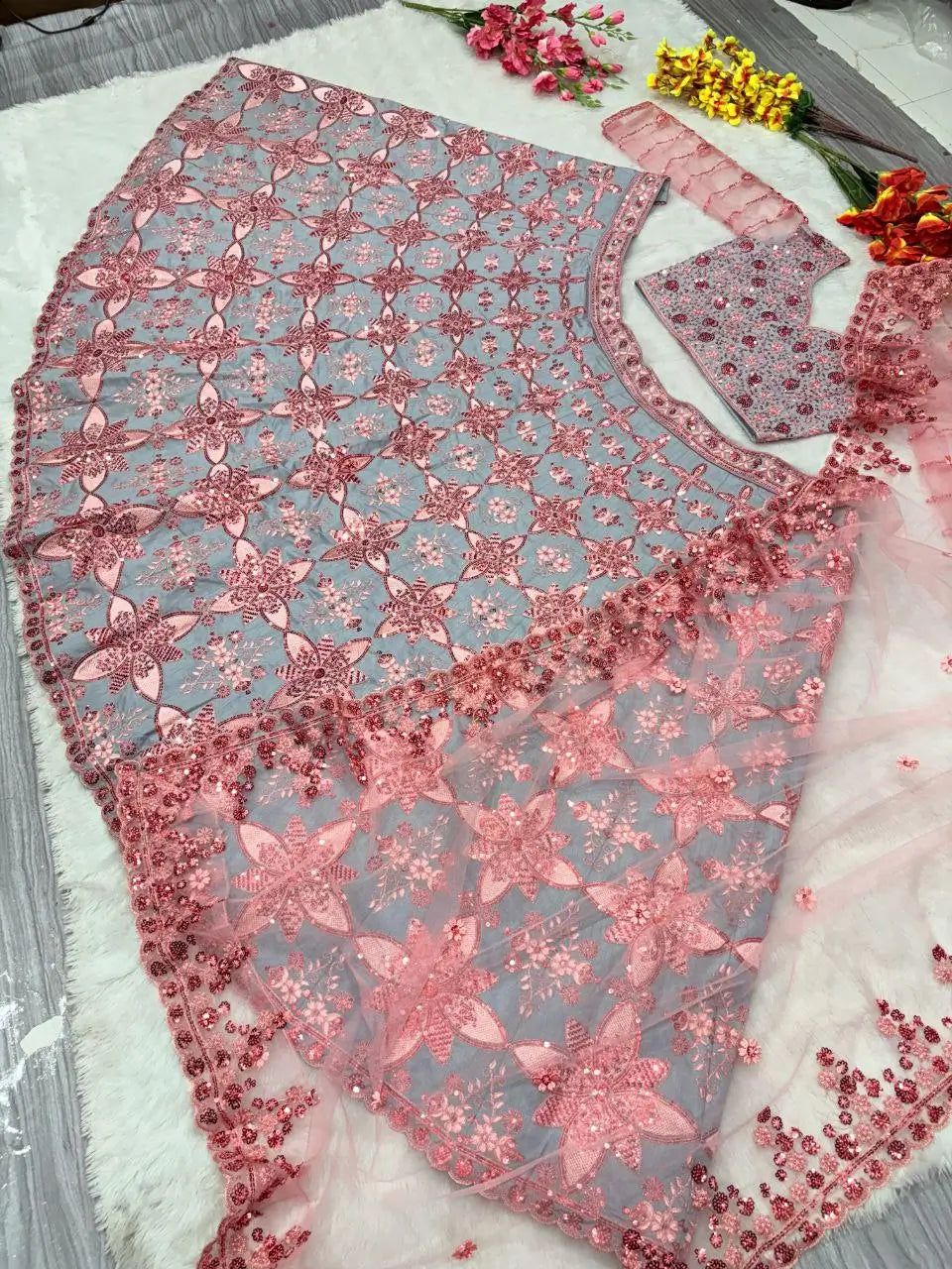 Grey And Peach Mulberry Silk Lehenga With Thread Sequins Embroidery Work