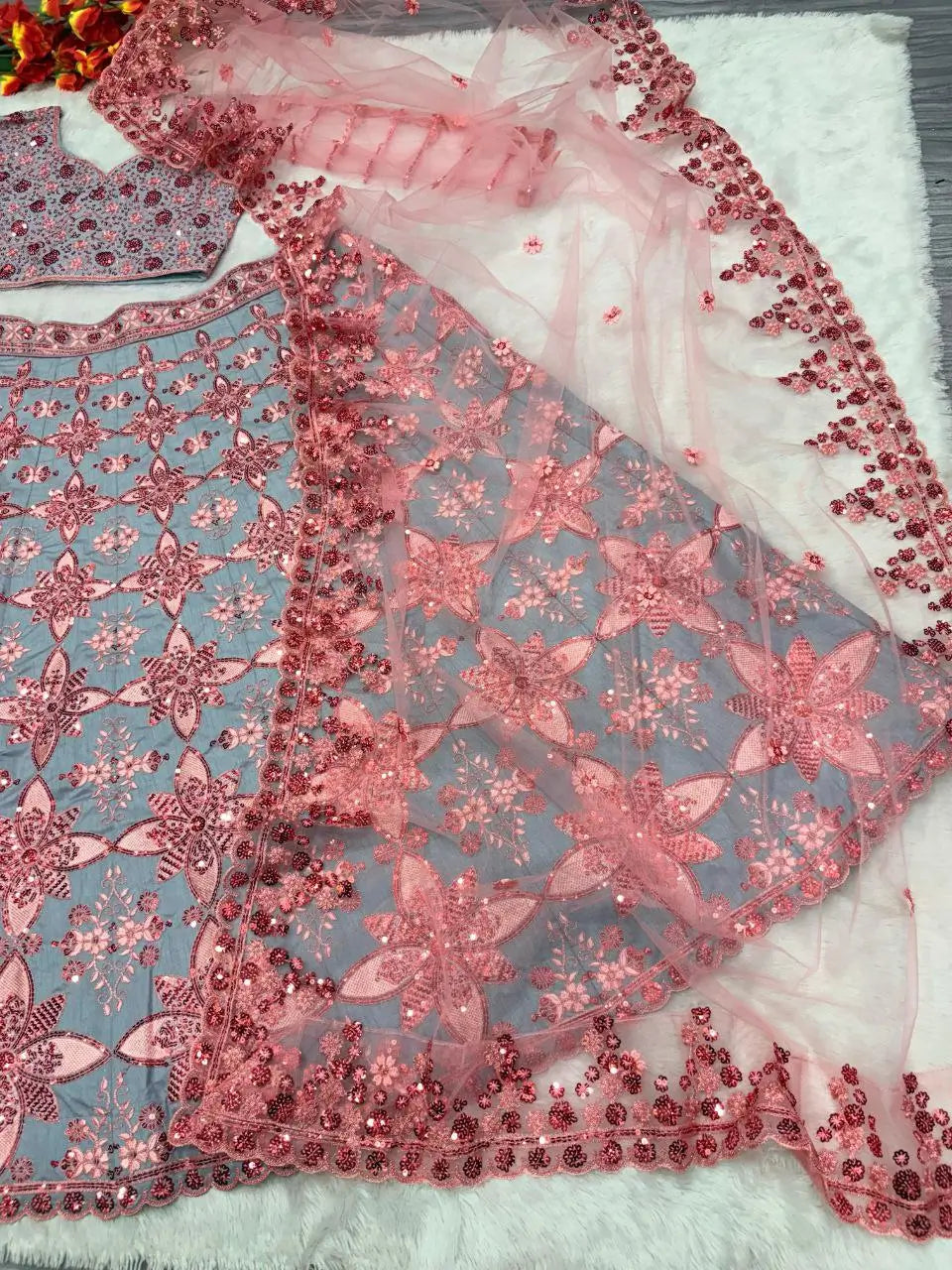 Grey And Peach Mulberry Silk Lehenga With Thread Sequins Embroidery Work