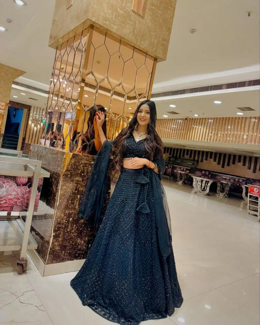 Mat Black Net Lehenga With Coding Heavy Sequins Embroidery Work