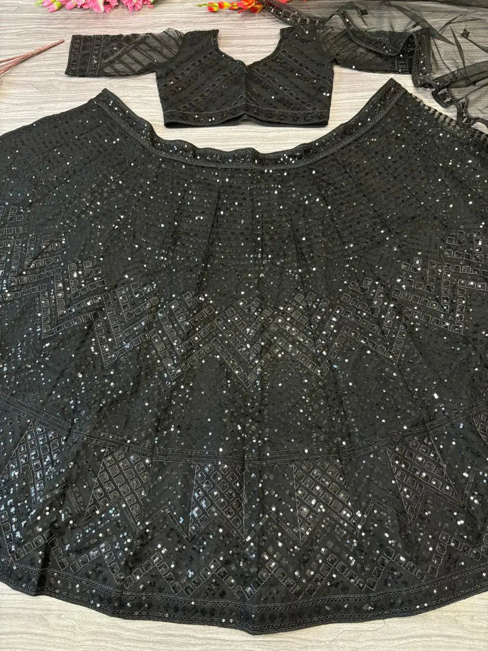Mat Black Net Lehenga With Coding Heavy Sequins Embroidery Work