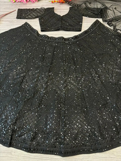 Mat Black Net Lehenga With Coding Heavy Sequins Embroidery Work