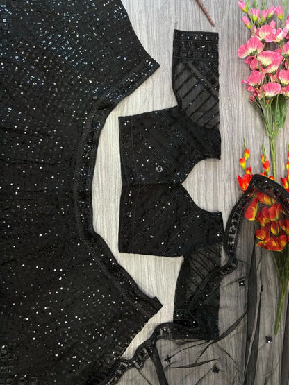 Mat Black Net Lehenga With Coding Heavy Sequins Embroidery Work