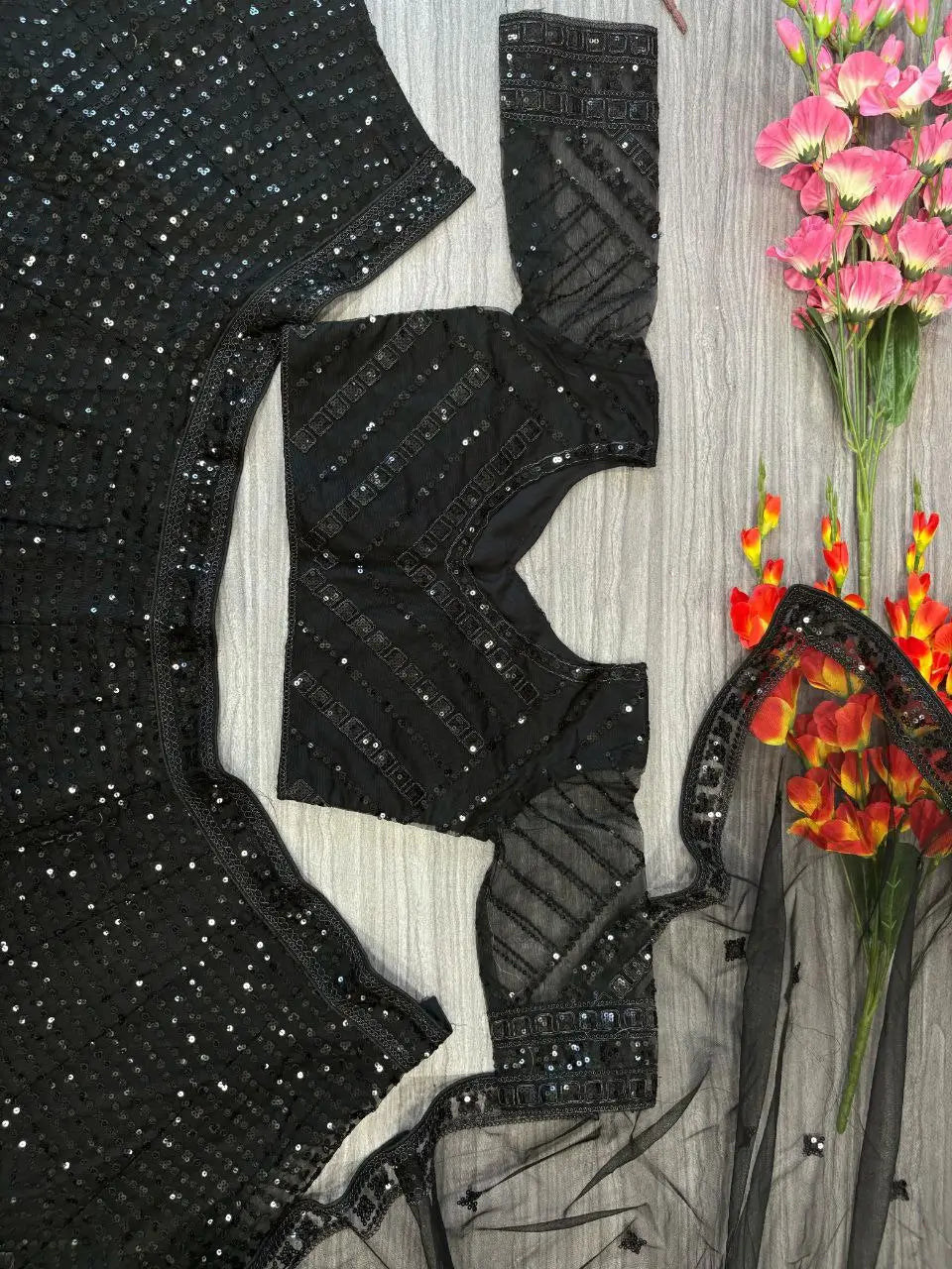 Mat Black Net Lehenga With Coding Heavy Sequins Embroidery Work