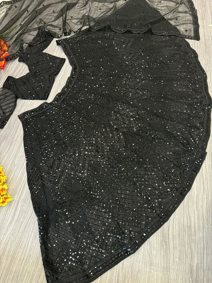 Mat Black Net Lehenga With Coding Heavy Sequins Embroidery Work