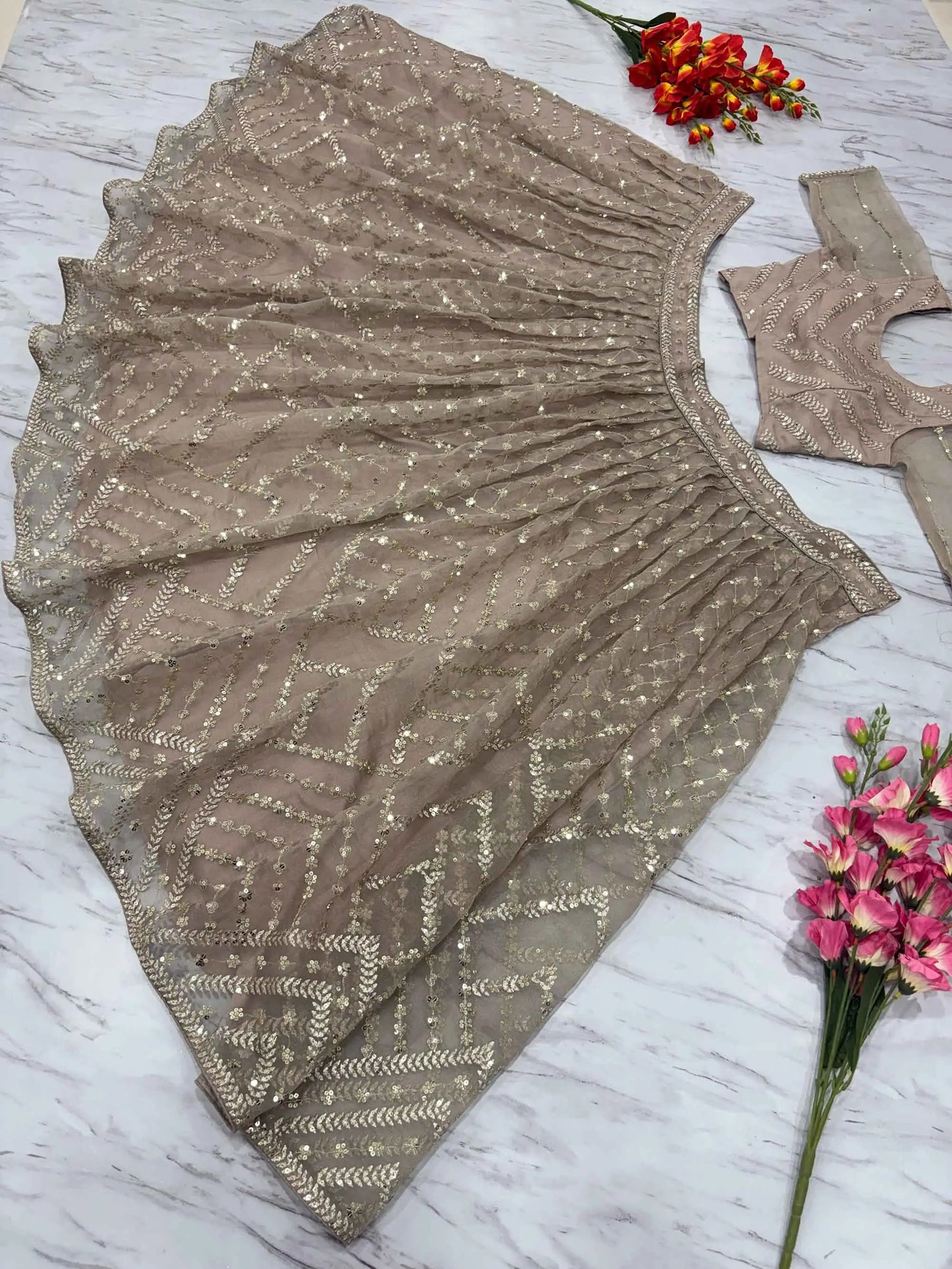 Beige Organza Lehenga With Zari Thread Heavy Sequins Embroidery Work