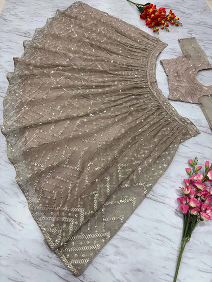 Beige Organza Lehenga With Zari Thread Heavy Sequins Embroidery Work