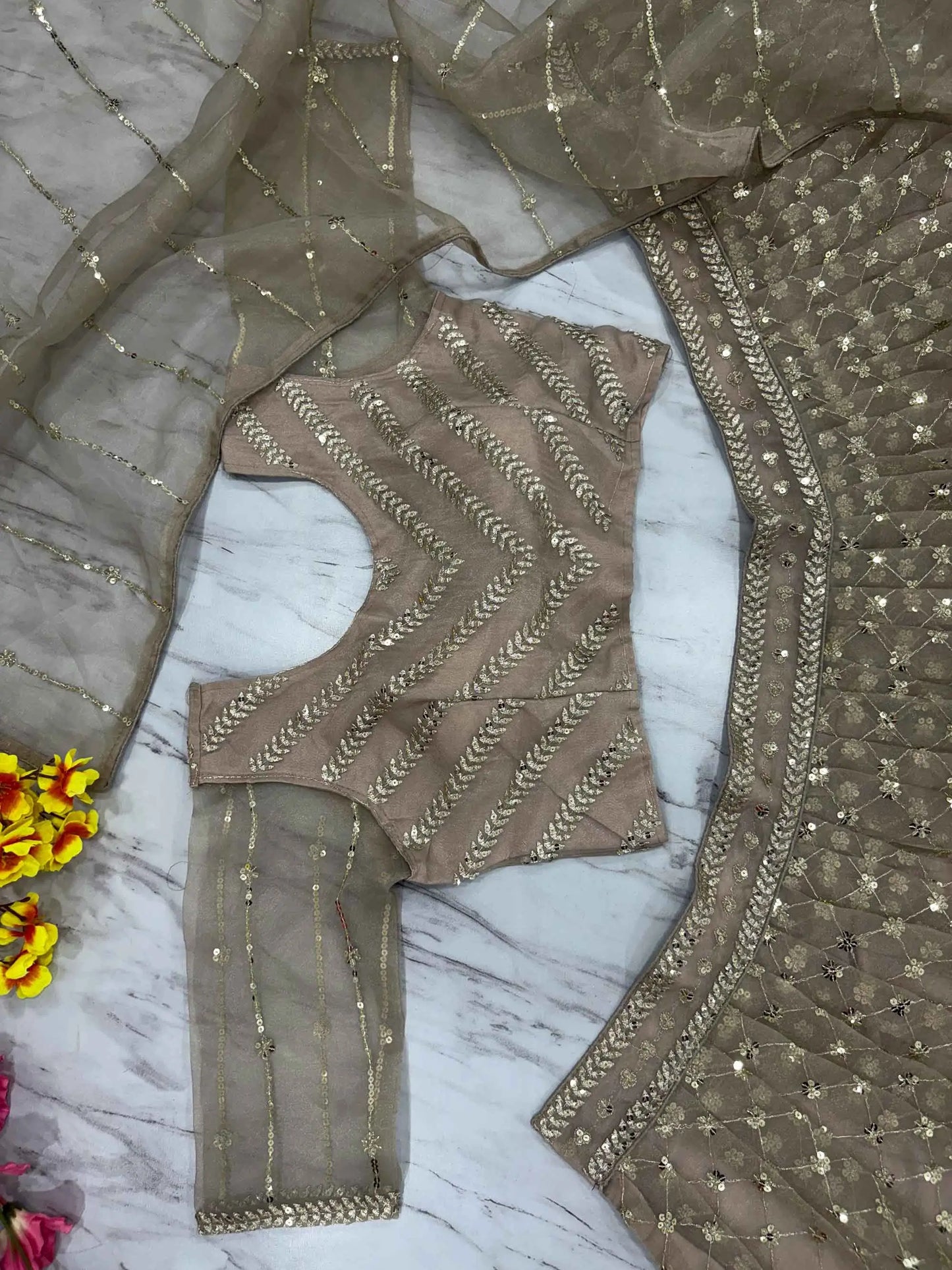 Beige Organza Lehenga With Zari Thread Heavy Sequins Embroidery Work