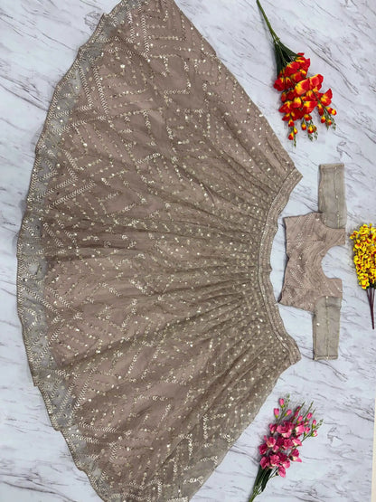 Beige Organza Lehenga With Zari Thread Heavy Sequins Embroidery Work