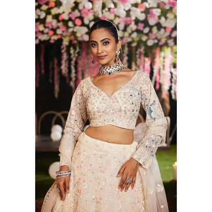 Light Peach Soft Net Lehenga With Multi Thread Sandwich Sequins Embroidery Work