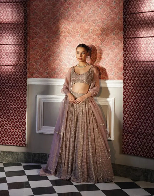 Rosy Brown Georgette Lehenga With Zari Heavy Sequins Work