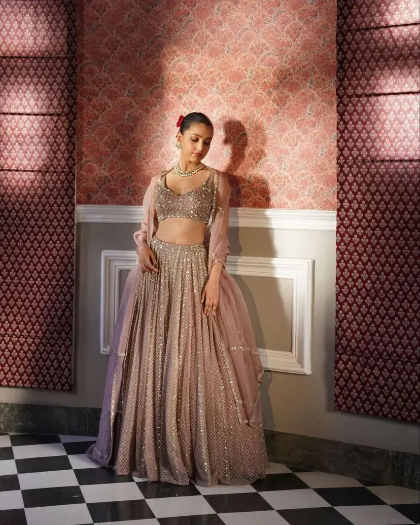 Rosy Brown Georgette Lehenga With Zari Heavy Sequins Work