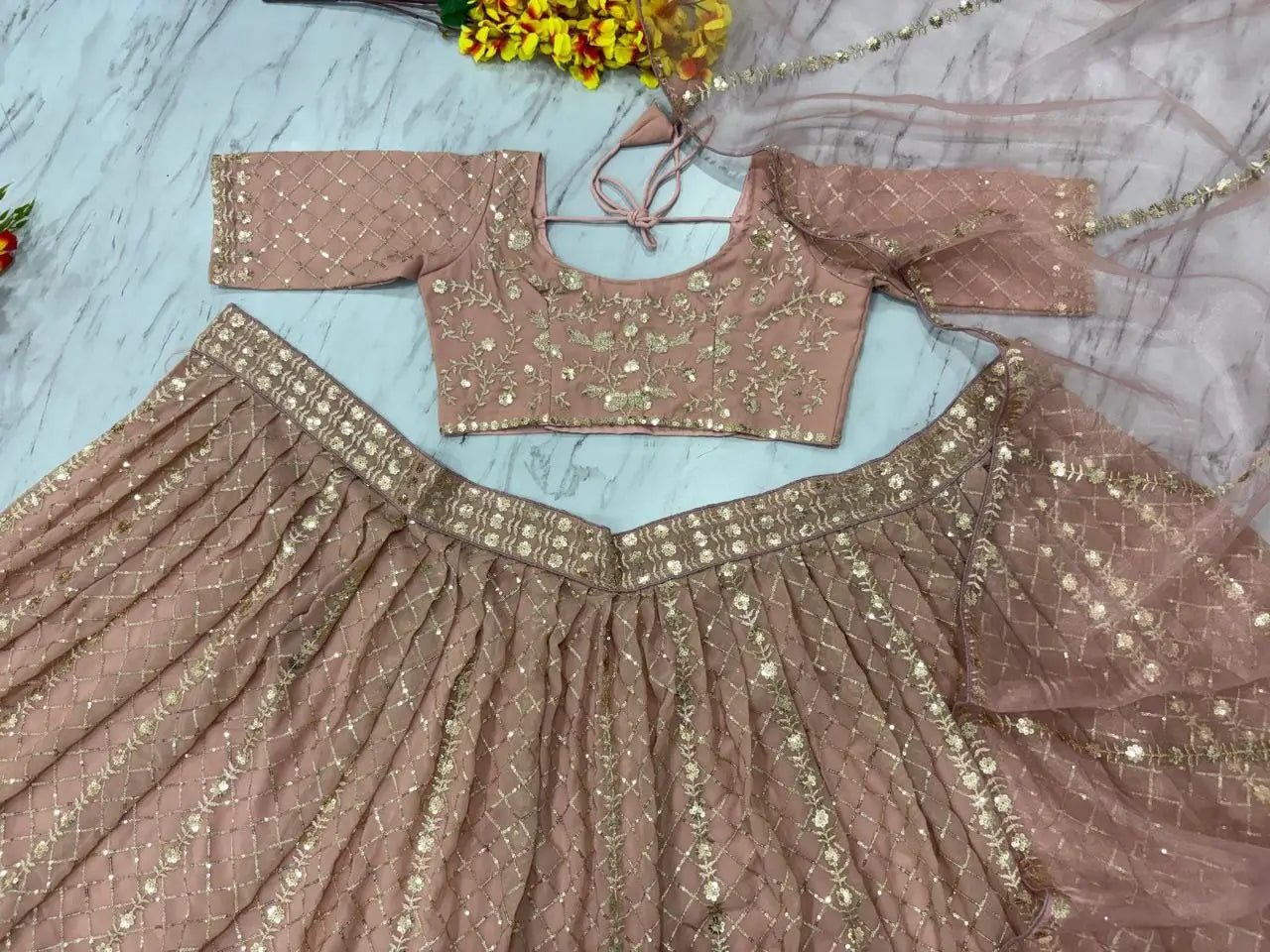 Rosy Brown Georgette Lehenga With Zari Heavy Sequins Work