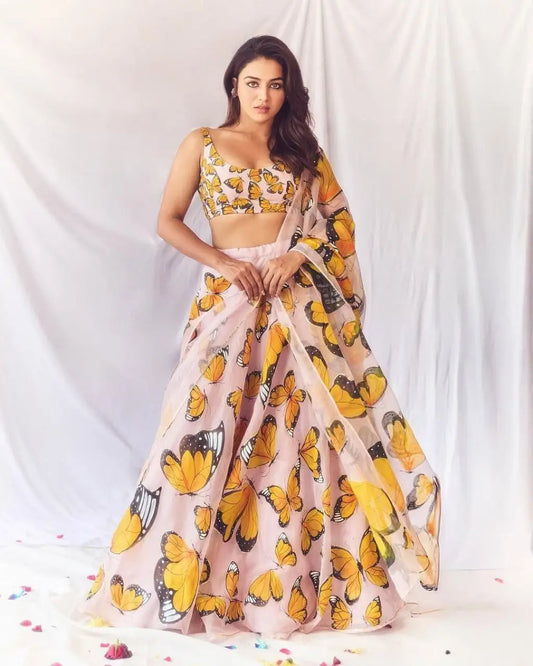 Beautiful Yellow Butterfly Digital Print Silk  stylish Lehenga