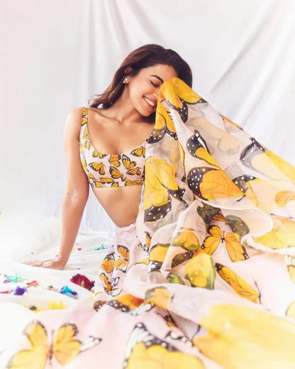 Beautiful Yellow Butterfly Digital Print Silk  stylish Lehenga