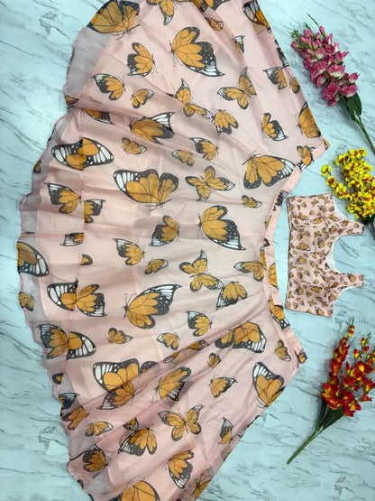 Beautiful Yellow Butterfly Digital Print Silk  stylish Lehenga