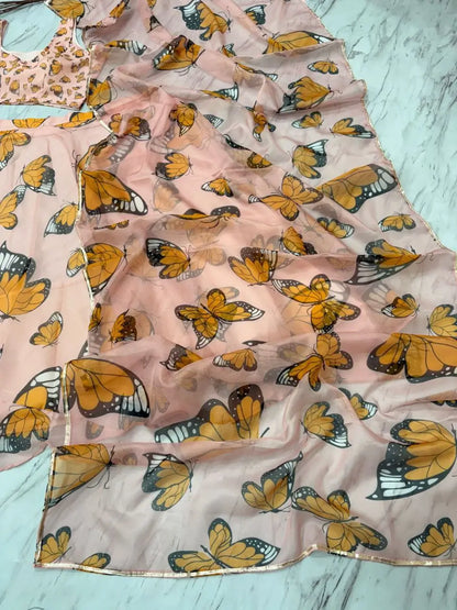 Beautiful Yellow Butterfly Digital Print Silk  stylish Lehenga