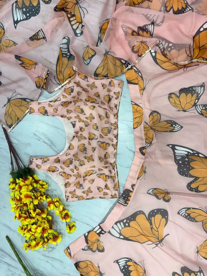 Beautiful Yellow Butterfly Digital Print Silk  stylish Lehenga