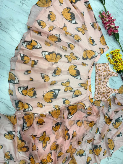 Beautiful Yellow Butterfly Digital Print Silk  stylish Lehenga