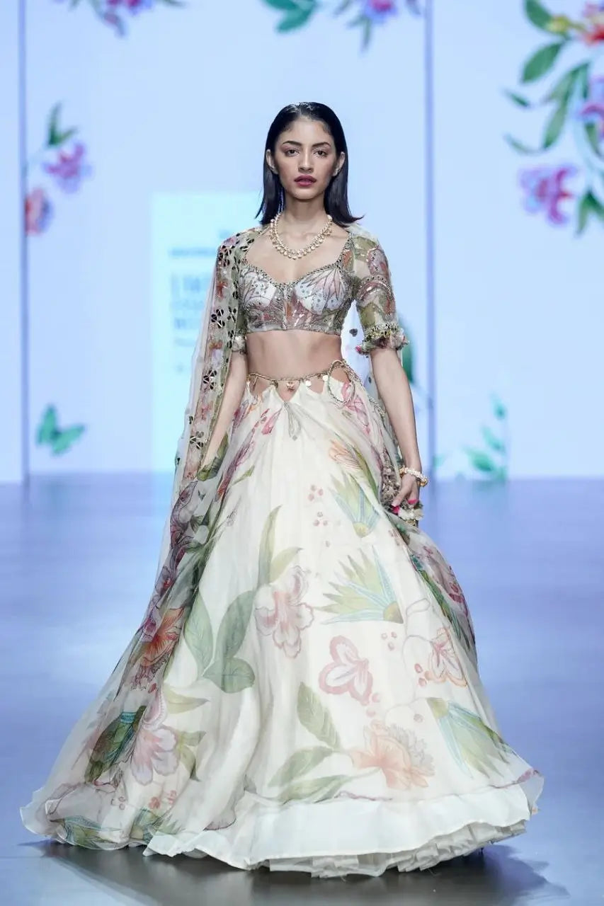 Light Beige Floral Print With Beautiful Hand Work Party Wear Lehenga