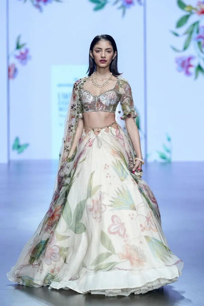 Light Beige Floral Print With Beautiful Hand Work Party Wear Lehenga