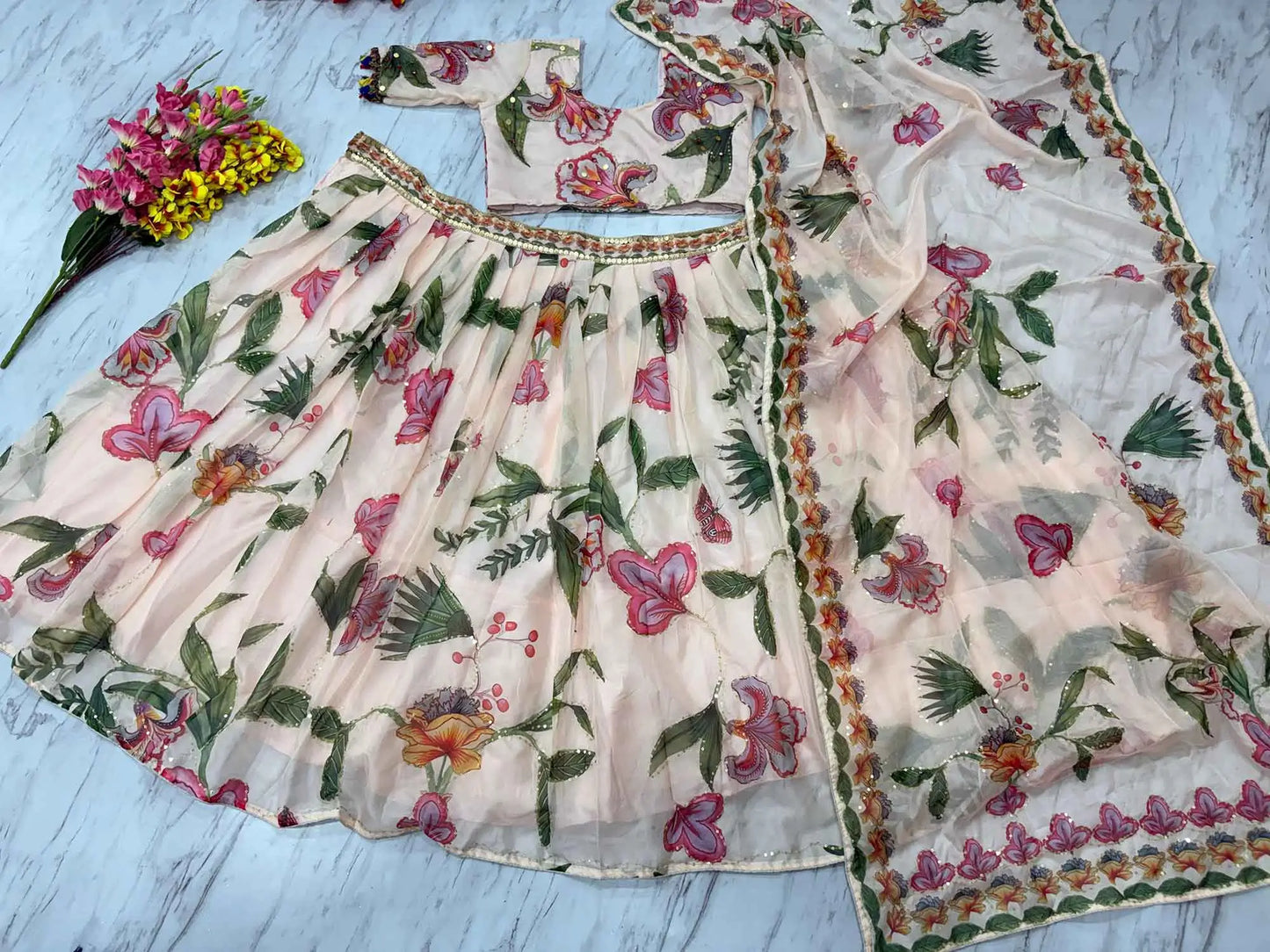 Light Beige Floral Print With Beautiful Hand Work Party Wear Lehenga