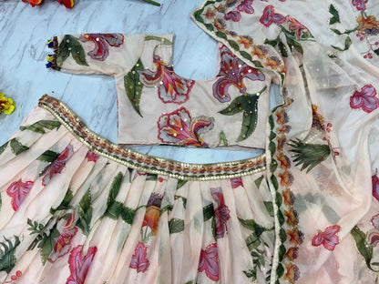 Light Beige Floral Print With Beautiful Hand Work Party Wear Lehenga