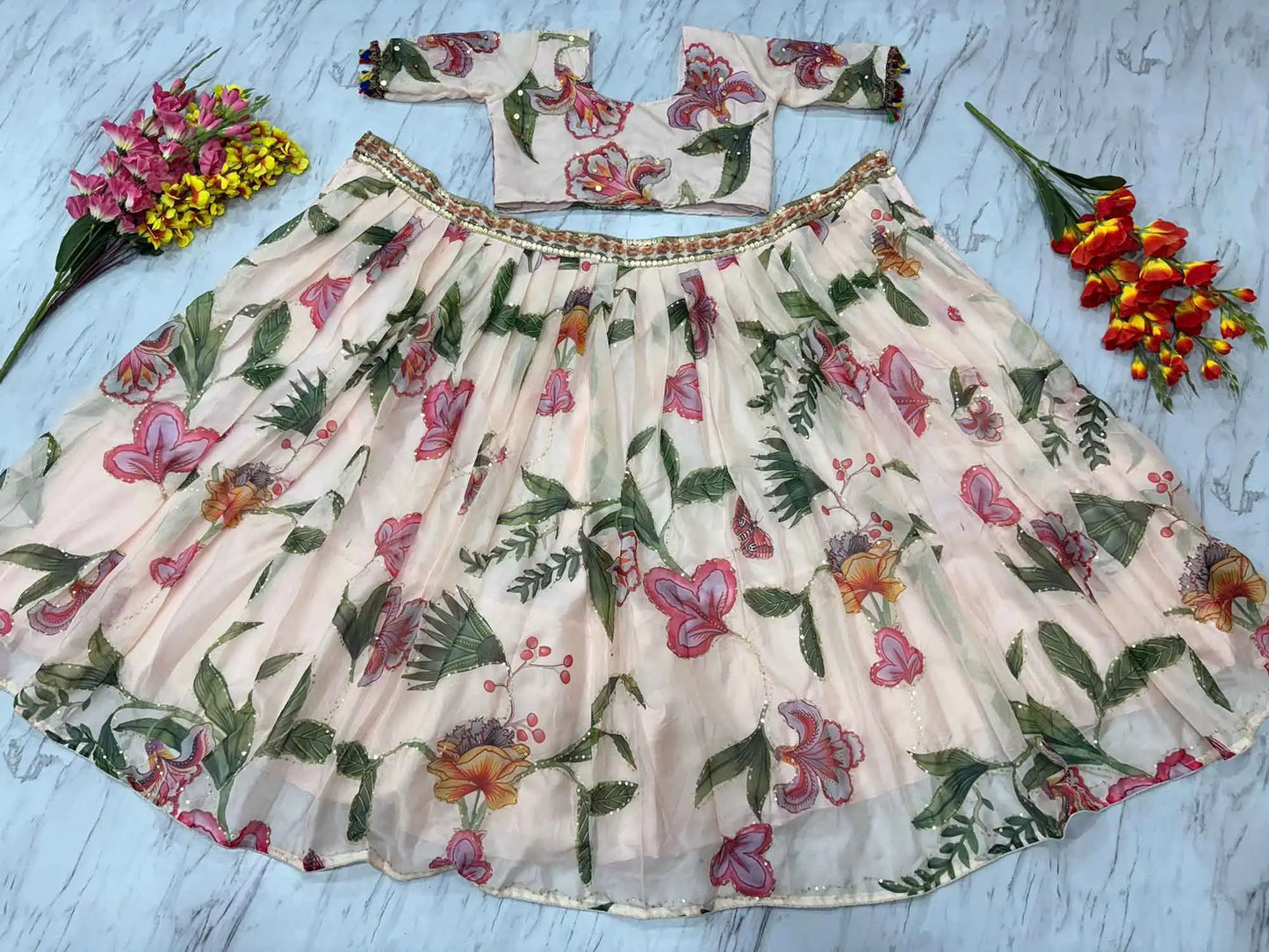 Light Beige Floral Print With Beautiful Hand Work Party Wear Lehenga