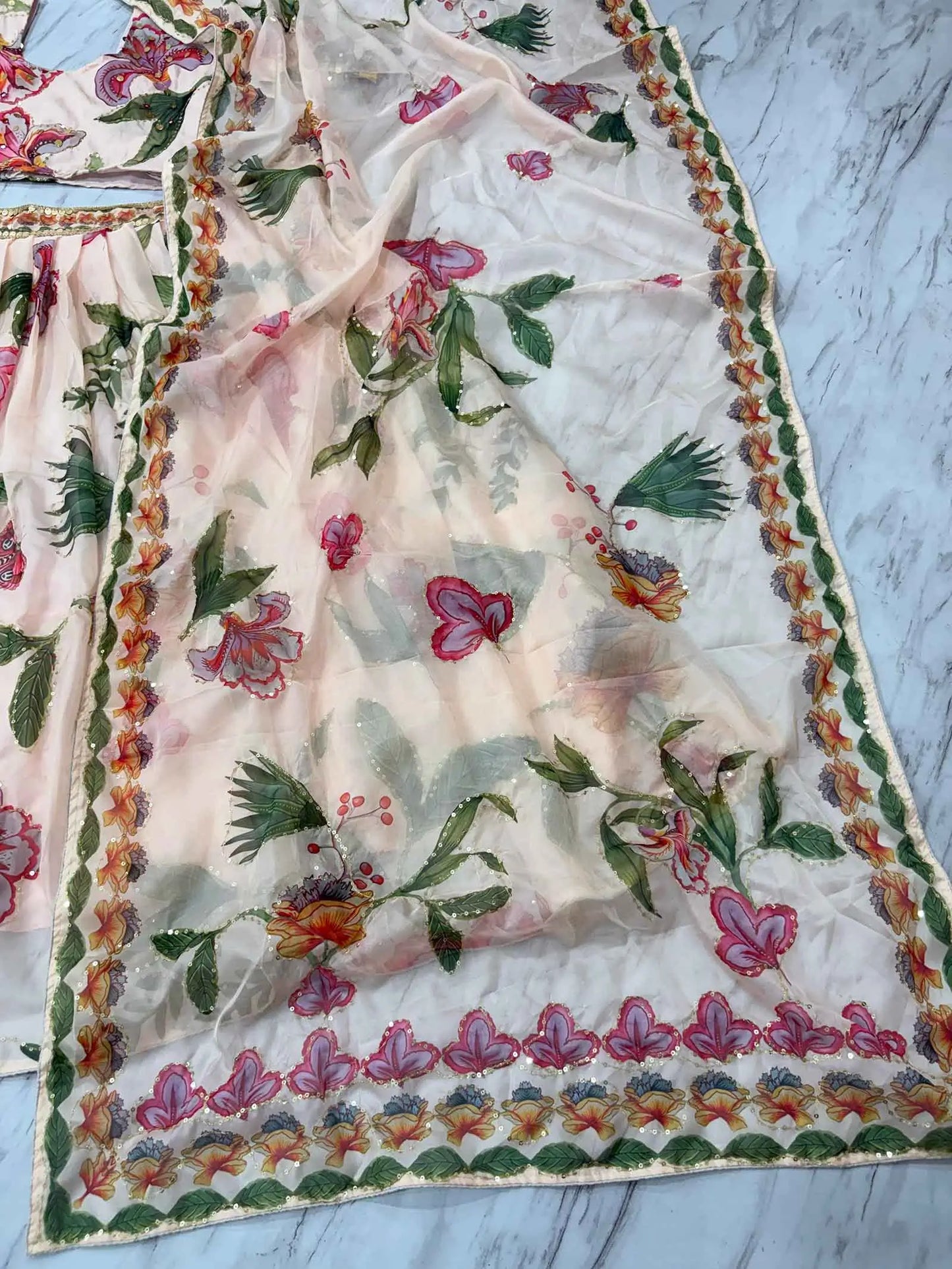 Light Beige Floral Print With Beautiful Hand Work Party Wear Lehenga