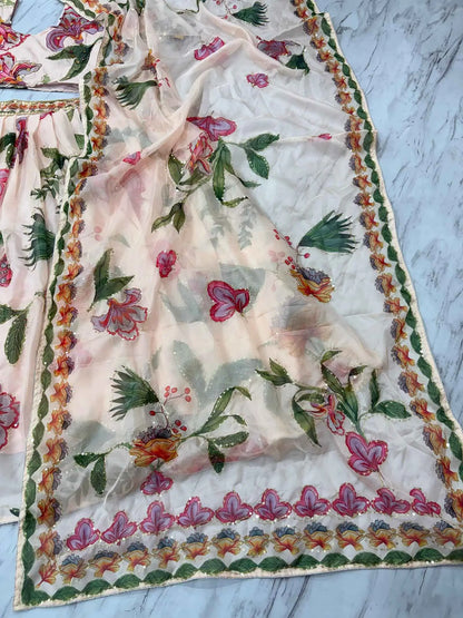 Light Beige Floral Print With Beautiful Hand Work Party Wear Lehenga