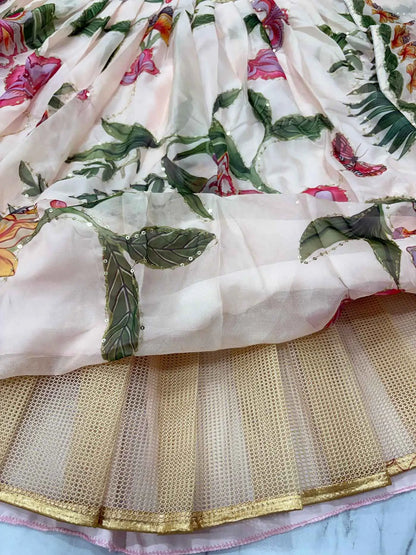 Light Beige Floral Print With Beautiful Hand Work Party Wear Lehenga