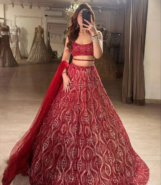 Red Sequins Coding Embroidery Work Soft Net Party Wear Lehenga