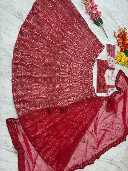 Red Sequins Coding Embroidery Work Soft Net Party Wear Lehenga