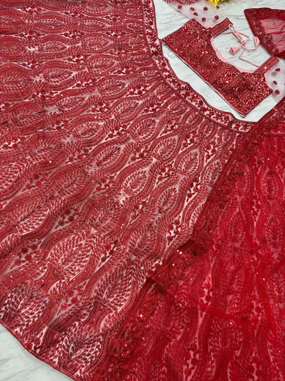 Red Sequins Coding Embroidery Work Soft Net Party Wear Lehenga