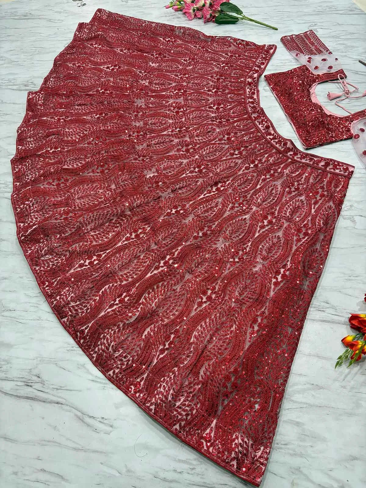 Red Sequins Coding Embroidery Work Soft Net Party Wear Lehenga