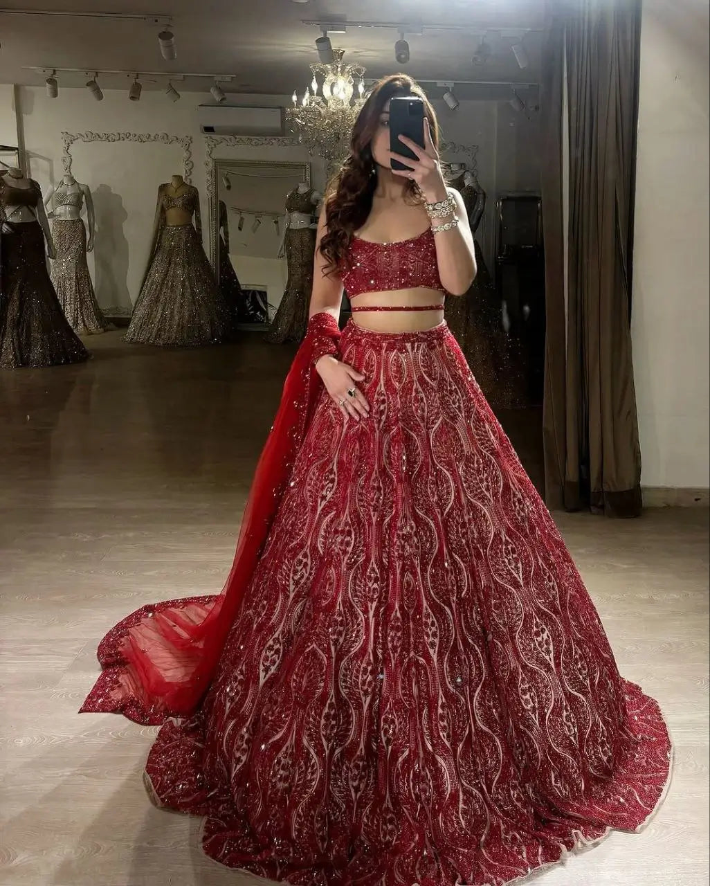 Red Sequins Coding Embroidery Work Soft Net Party Wear Lehenga