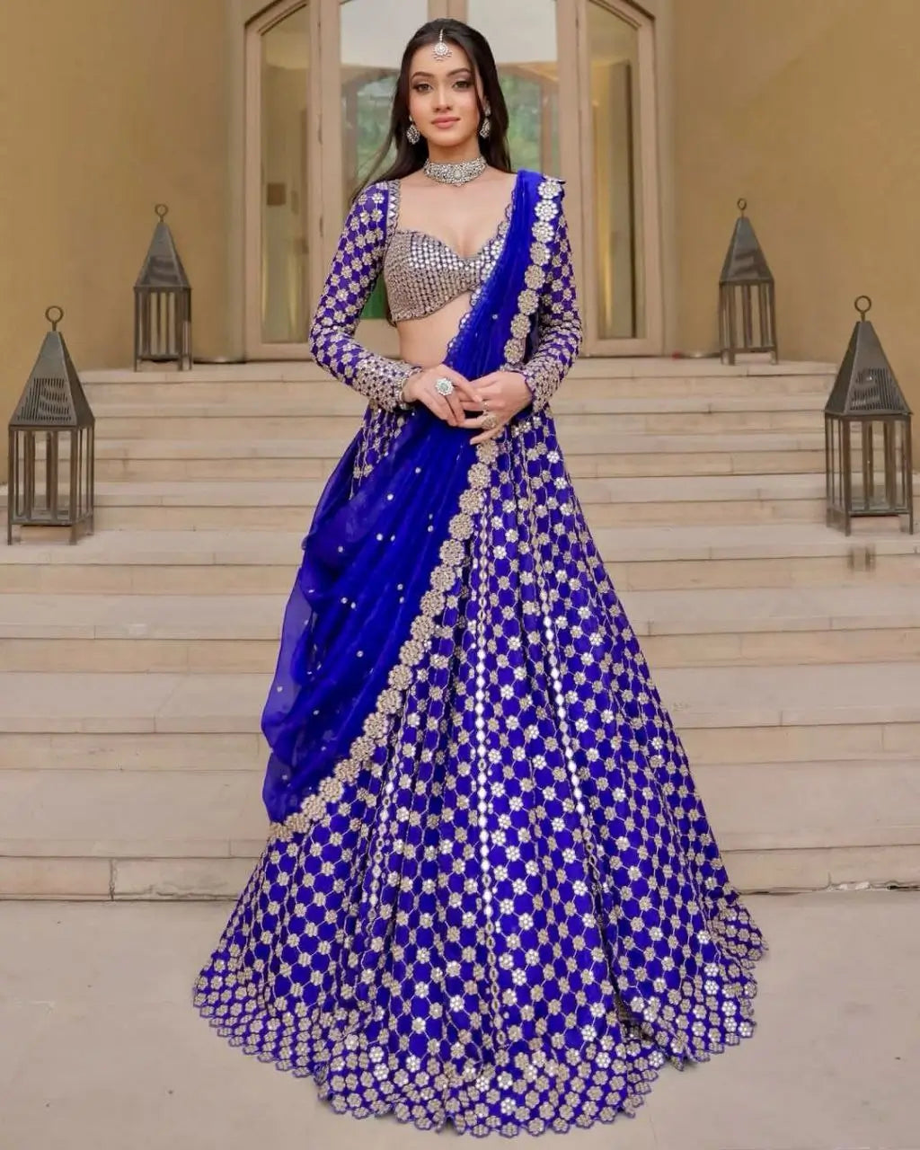 Royal Blue Coding And Heavy Foil Mirror Work Party Wear Lehenga