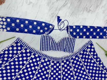 Royal Blue Coding And Heavy Foil Mirror Work Party Wear Lehenga