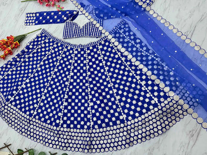 Royal Blue Coding And Heavy Foil Mirror Work Party Wear Lehenga