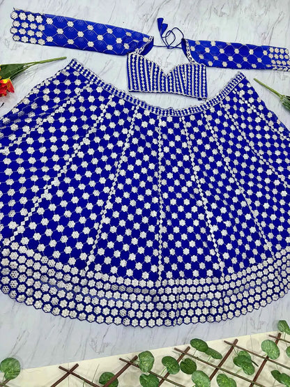Royal Blue Coding And Heavy Foil Mirror Work Party Wear Lehenga