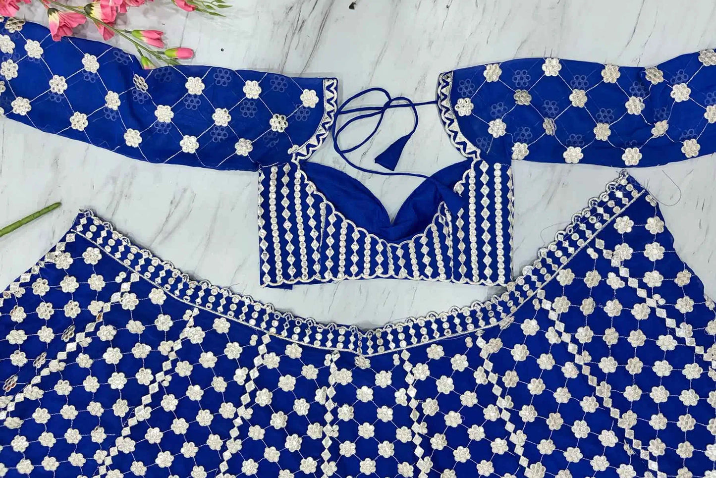 Royal Blue Coding And Heavy Foil Mirror Work Party Wear Lehenga
