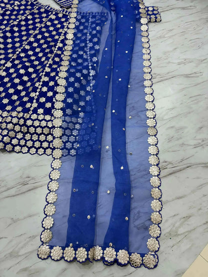 Royal Blue Coding And Heavy Foil Mirror Work Party Wear Lehenga