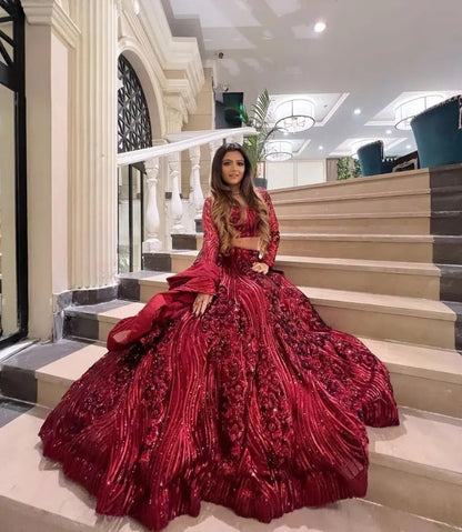 Maroon Red Dual Sequins Embroidery Work Premium Net Party Wear Lehenga