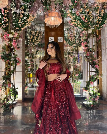 Maroon Red Dual Sequins Embroidery Work Premium Net Party Wear Lehenga