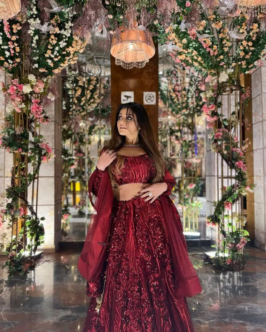 Maroon Red Dual Sequins Embroidery Work Premium Net Party Wear Lehenga