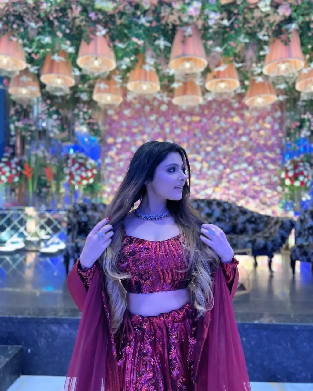 Maroon Red Dual Sequins Embroidery Work Premium Net Party Wear Lehenga