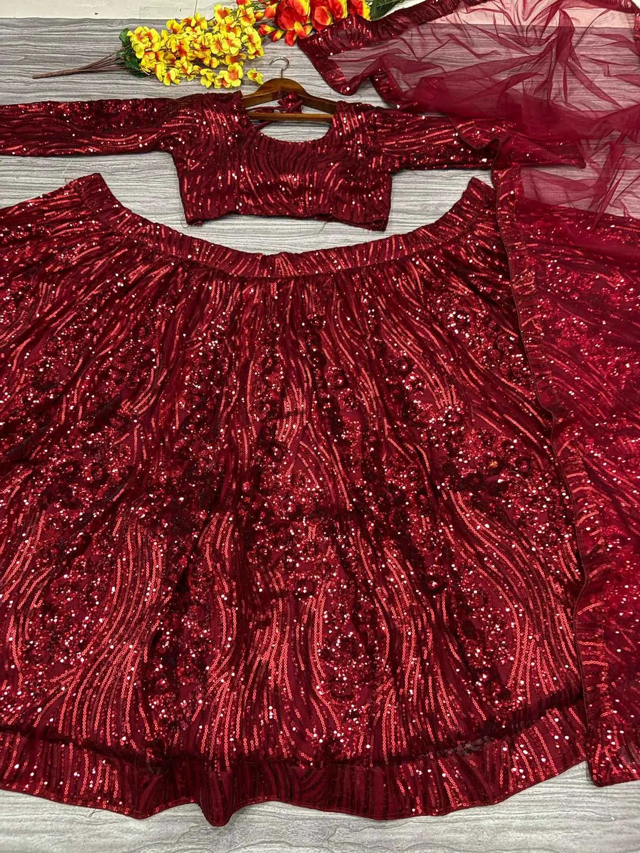 Maroon Red Dual Sequins Embroidery Work Premium Net Party Wear Lehenga